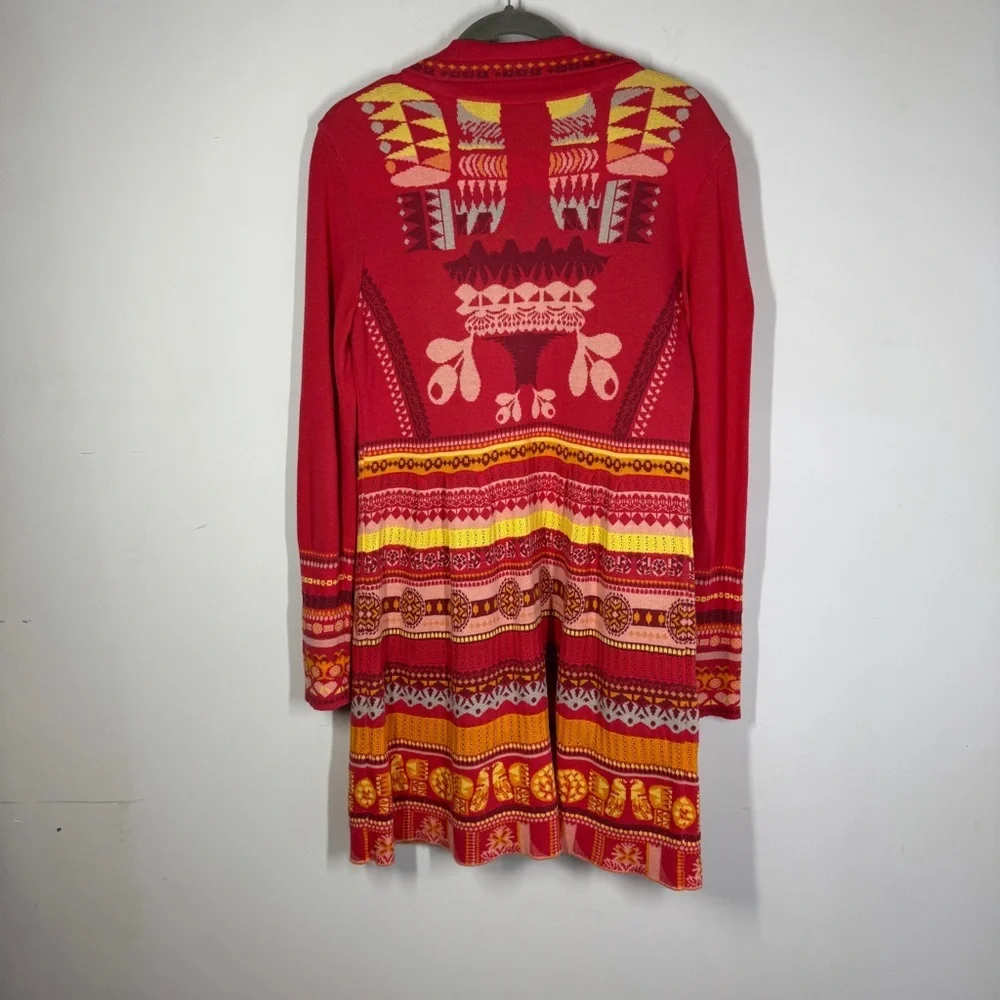 KOOI Knit Vibrant Red Orange Patterned Cardigan Nordic Fair Isle Zip Cotton - Picture 12 of 16